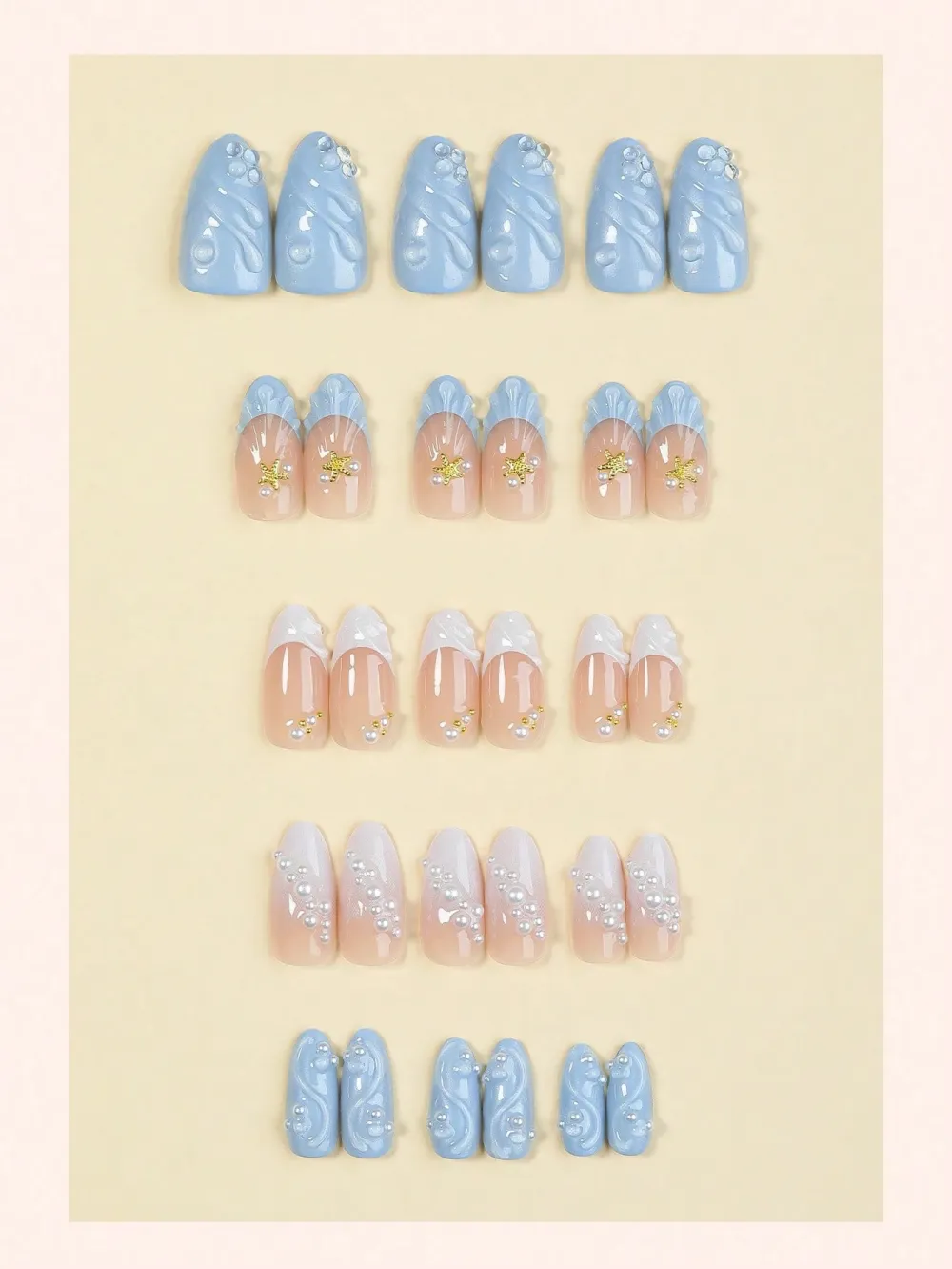 Nailhour 10pcs Summer Pearl Floral Applique Nail Art Almond Blue Fake Nails