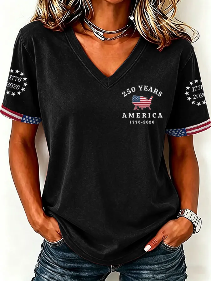 Women'S America Flag  Print Casual V-Neck T-Shirt