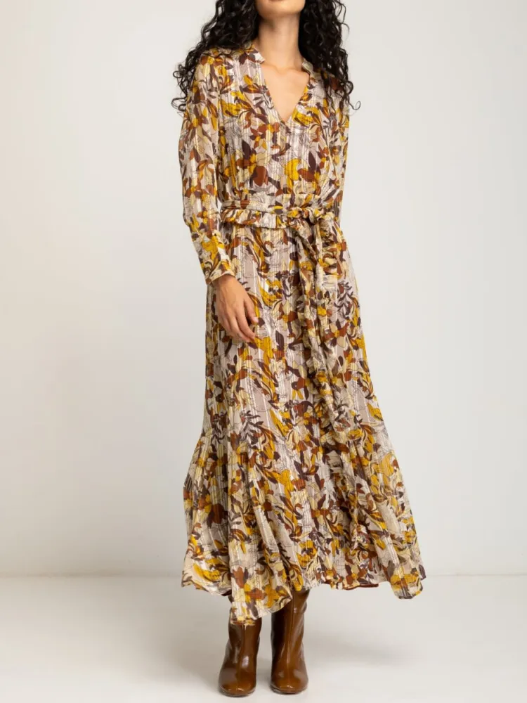 Long-Sleeve Leaf Print Maxi Dress
