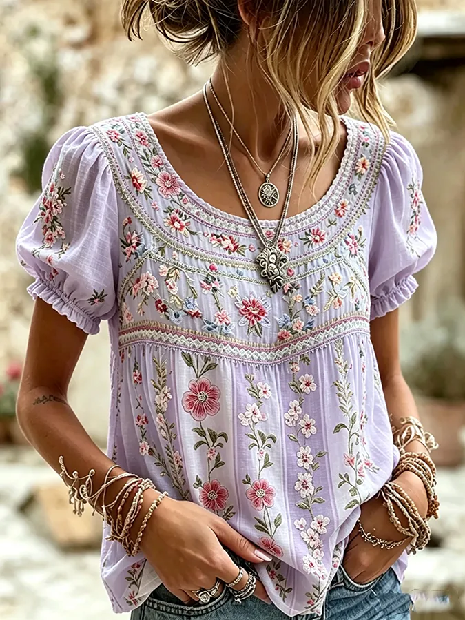 Women's Floral Print Round Neck Puff Sleeve Top