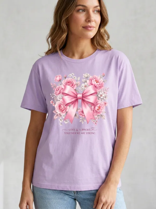 Women's Breast Cancer Awareness Pink Ribbon Floral Printed T-shirt