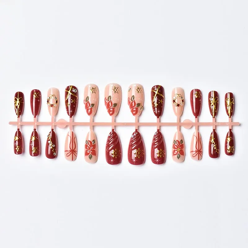 Nailhour 24Pcs Gilded 3D Medium Almond Christmas French Snowflake Press On Nails