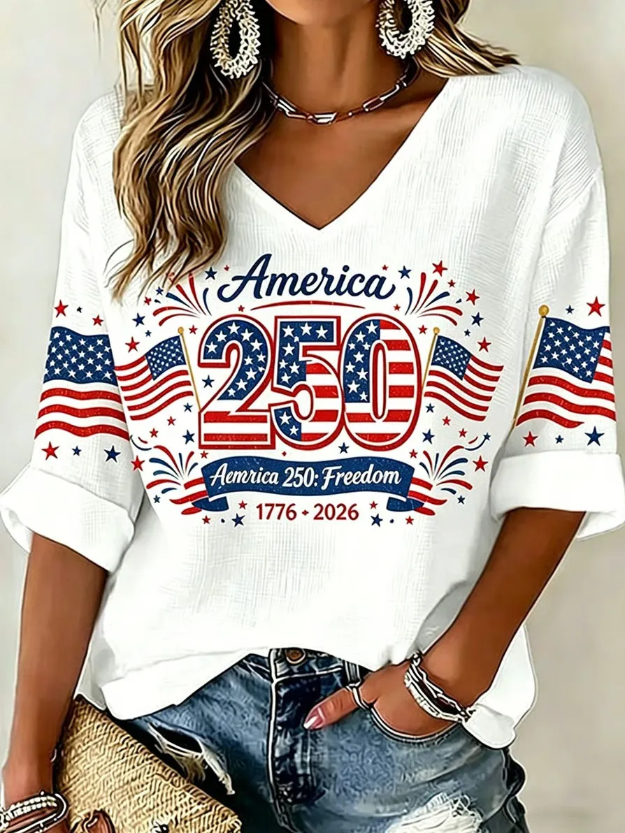 Women'S Retro Independence Day Art Printed Casual T-Shirt