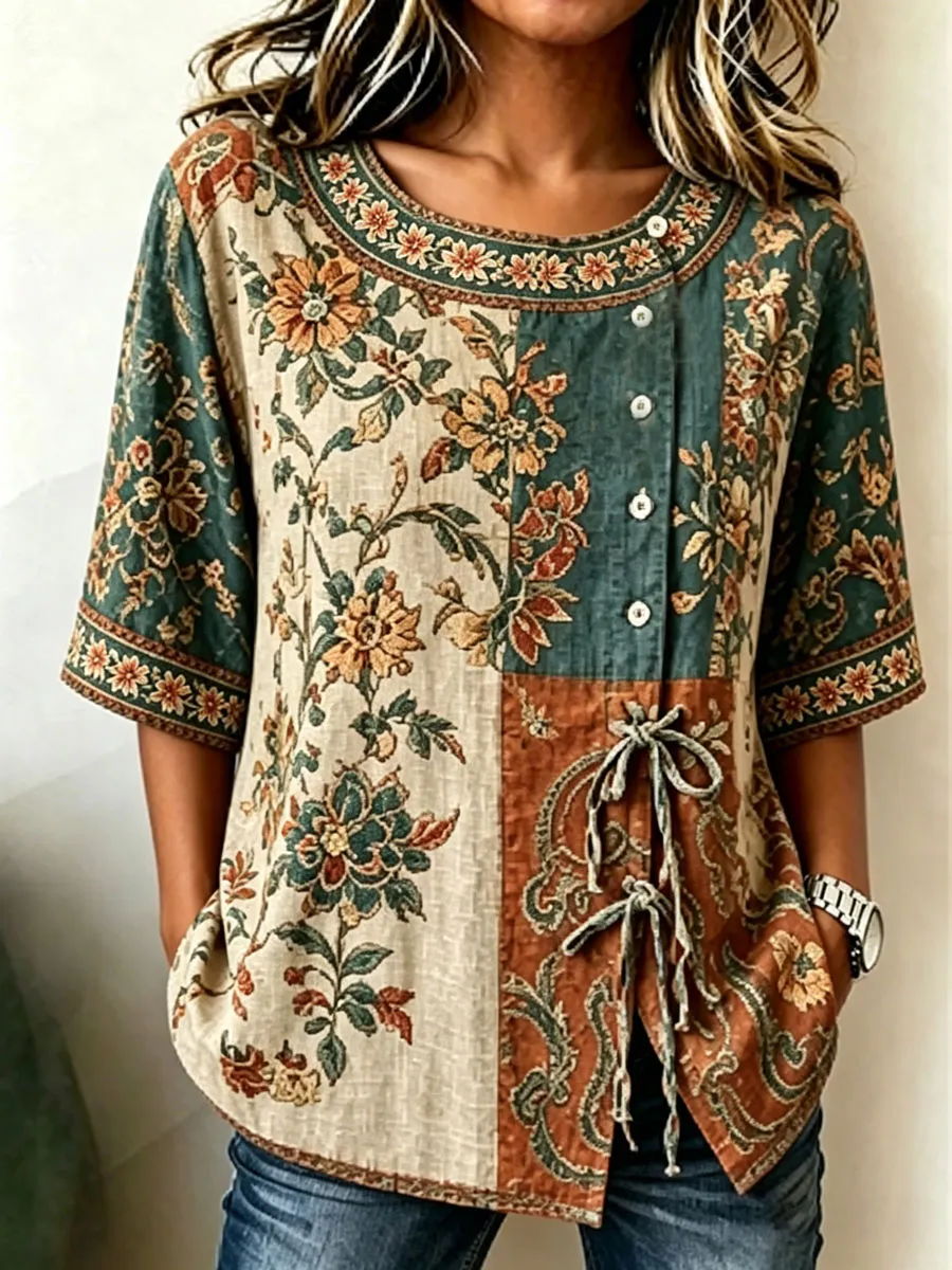 Women'S Casual Print Cotton Linen Top