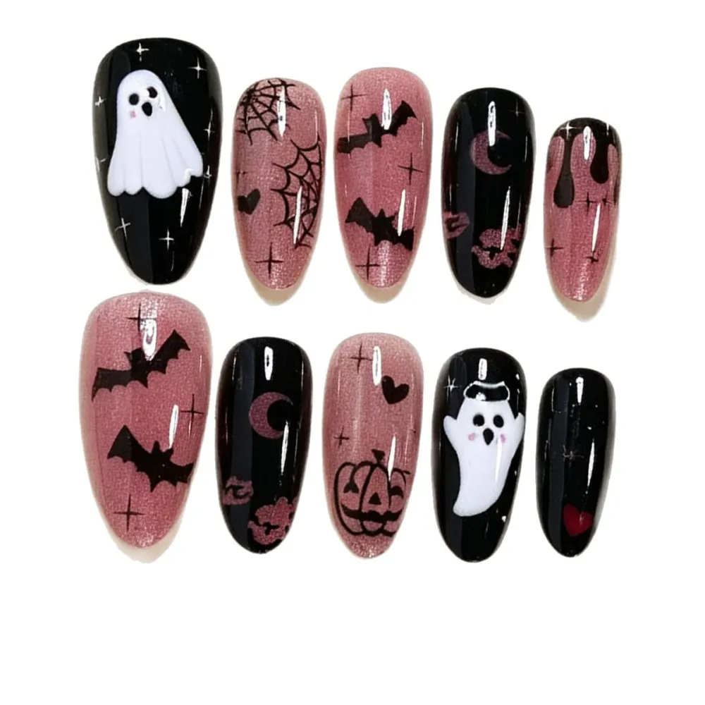 Nailhour 30Pcs Halloween Medium Almond Cat Eye Press On Nails