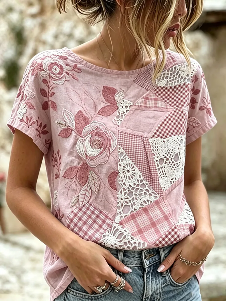 Retro Plant And Flower Pattern Quilt Design Casual Linen Short-sleeve T-shirt