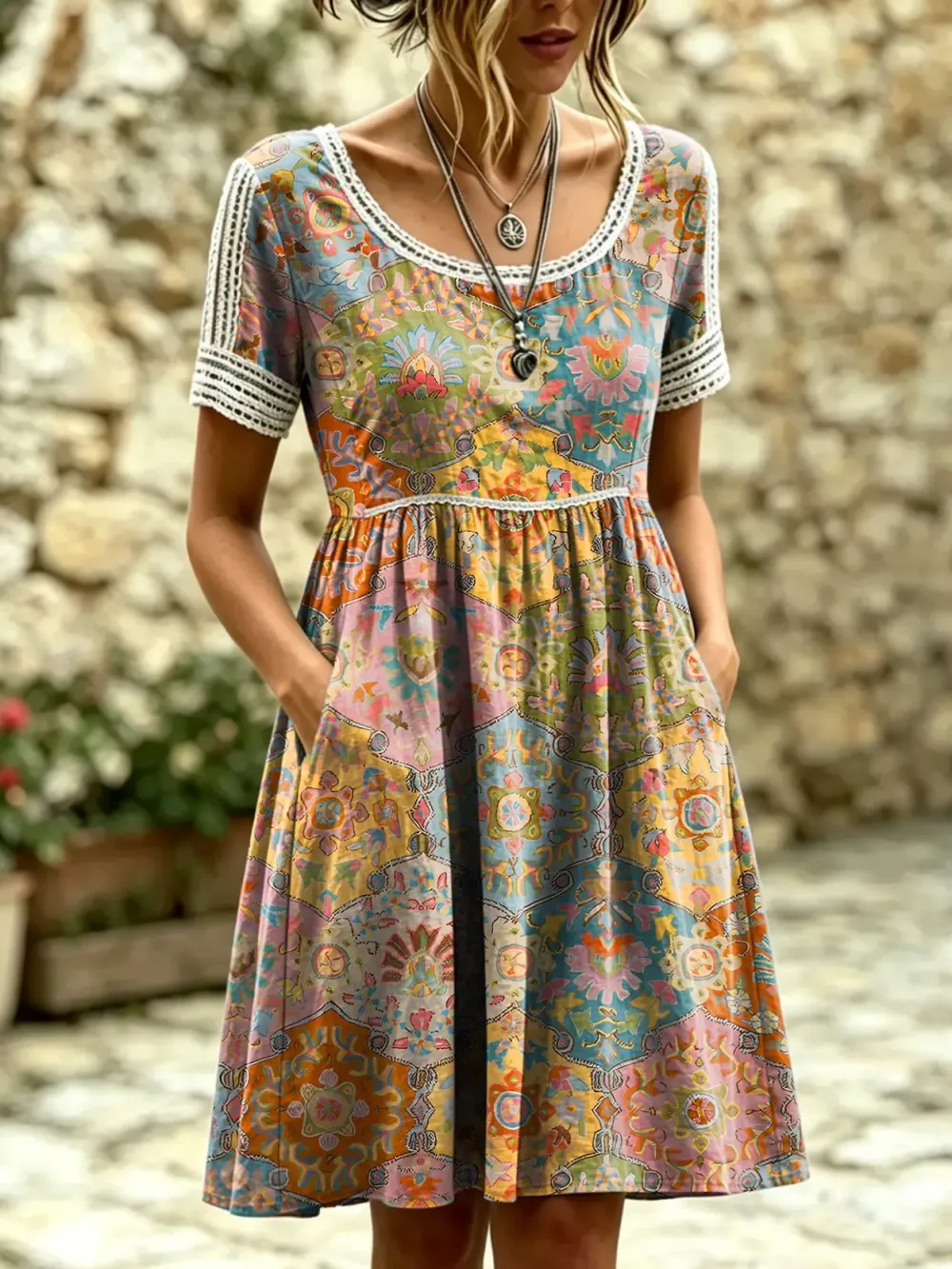 Women's Retro Floral Print Artistic Lace-trimmed Pocket Round-neck Short-sleeve Dress