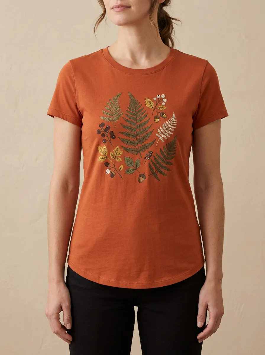 Fern Leaves Acorns Printed Women's Graphic T-Shirt