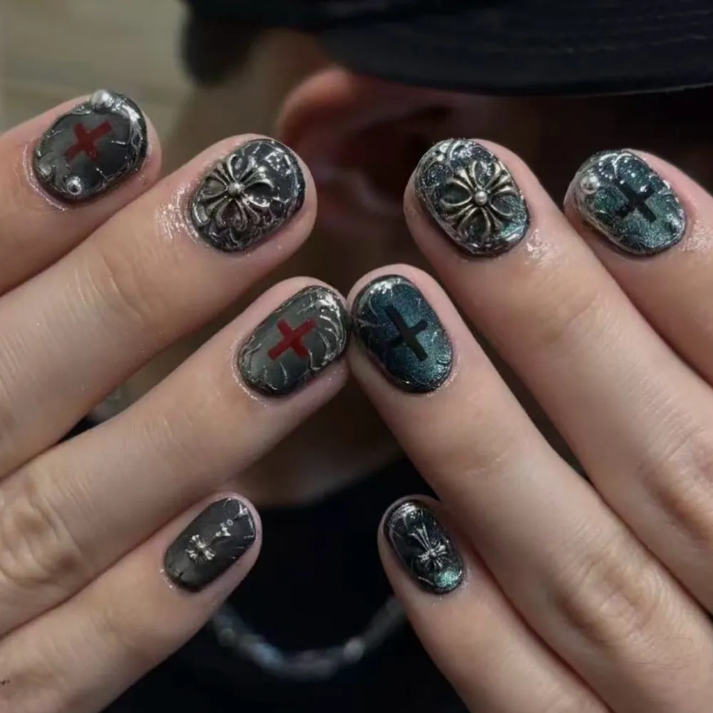 Nailhour 24Pcs 3D Party Gothic Cat Eye Short Squoval Press On Nails