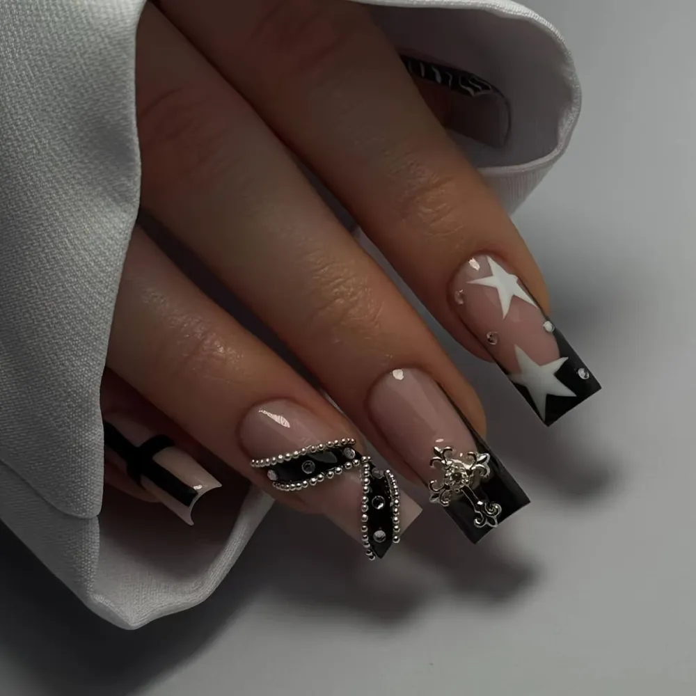 Nailhour 24Pcs Black French Y2K Rhinestone Medium Square Press On Nails