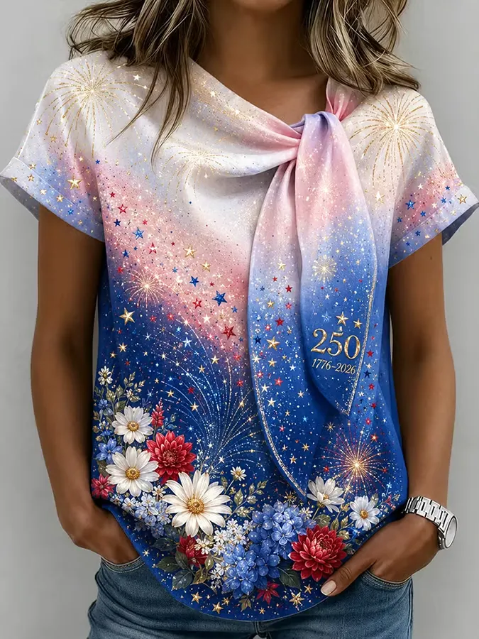 Women'S 250th Anniversary American Art Print Tie-Neck Short-Sleeve Top