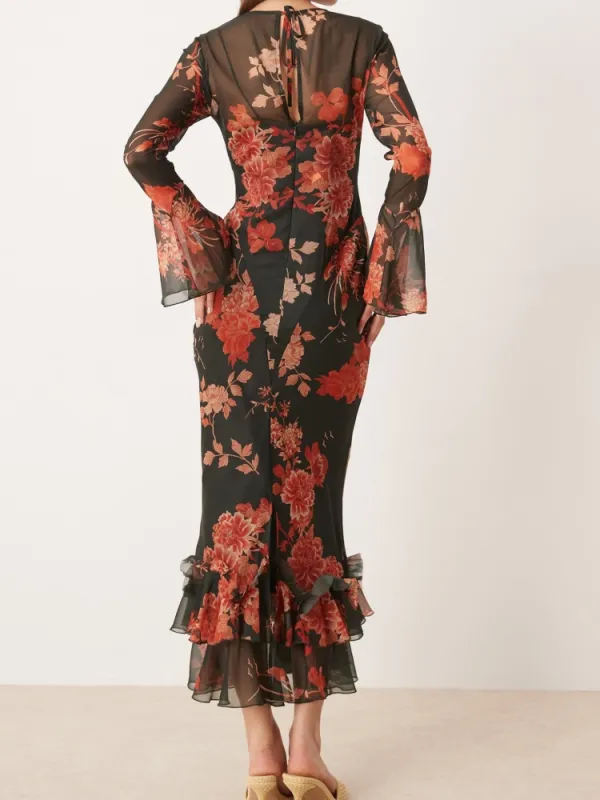 Frill Deatil Flower Long Sleeve Dress