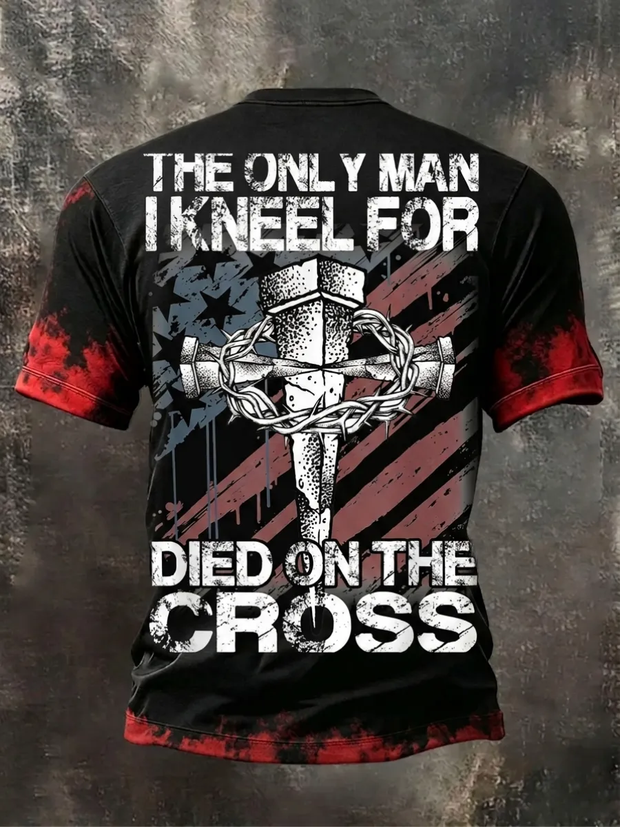 Men's America's 250th Anniversary Stand For The Flag Kneel For The Cross Faith Christian Cross Print T-Shirt