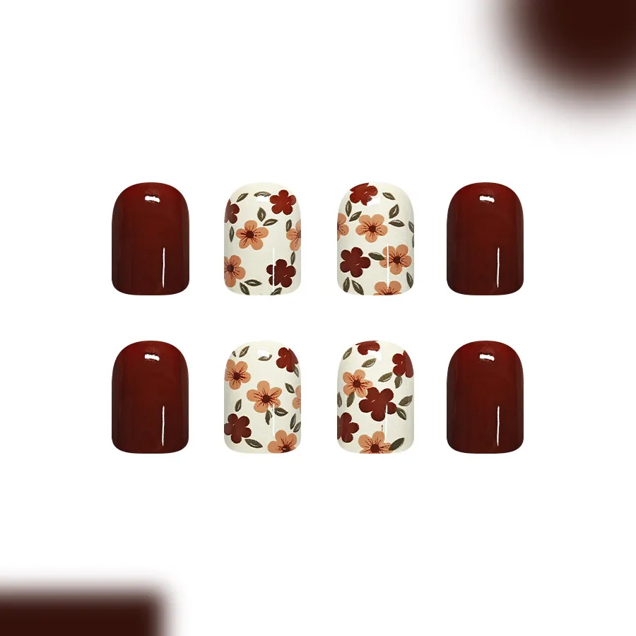 Nailhour 24Pcs Autumn Floral Short Squoval Press On Nails
