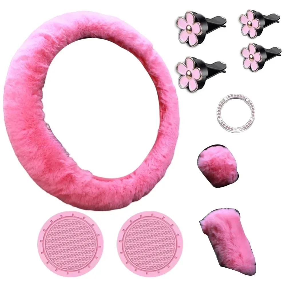 Lady'S Pink Plush Steering Wheel Cover