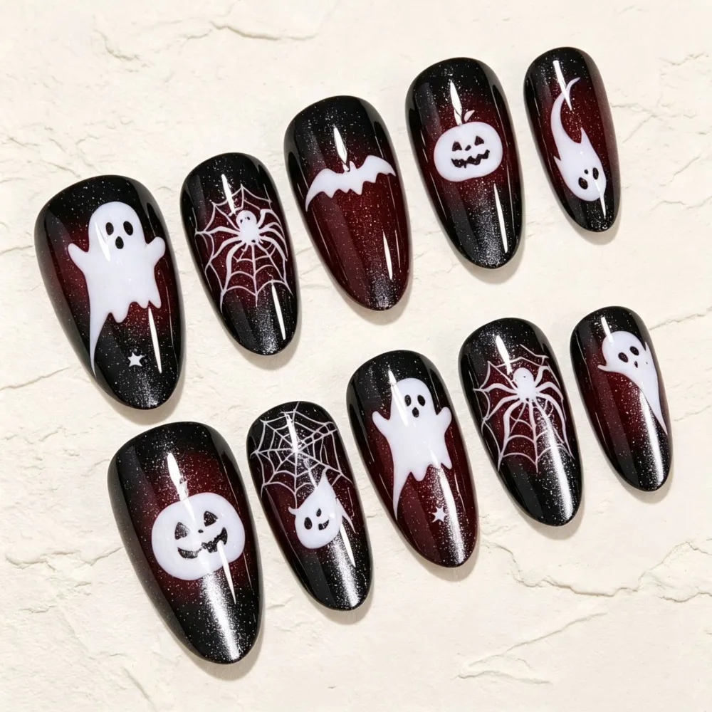Nailhour 30Pcs Halloween Ghost Medium Almond Cat Eye Press On Nails
