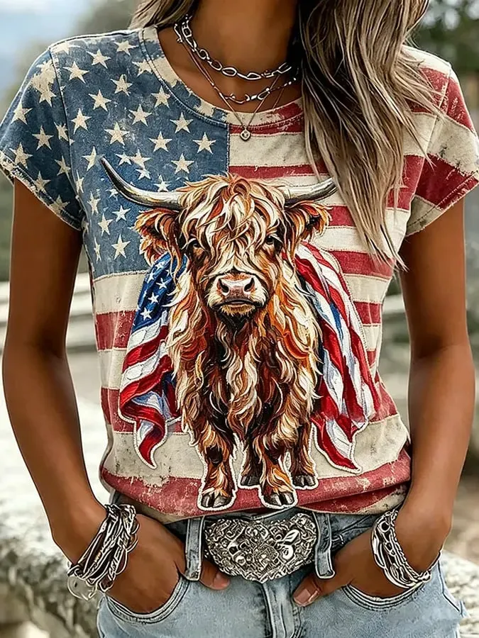 Female Casual Cute Patriotic Highland Cow T-Shirt