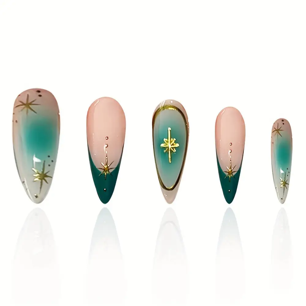 Nailhour 24Pcs Green Glitter Medium Almond Press On Nails