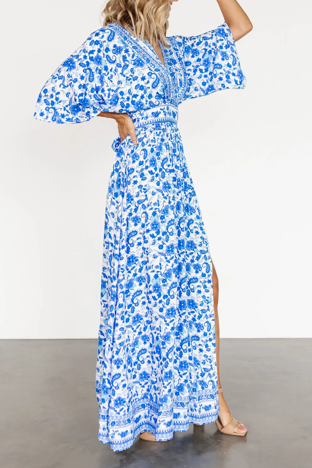 Blue Floral Slit High-Waisted  Dress