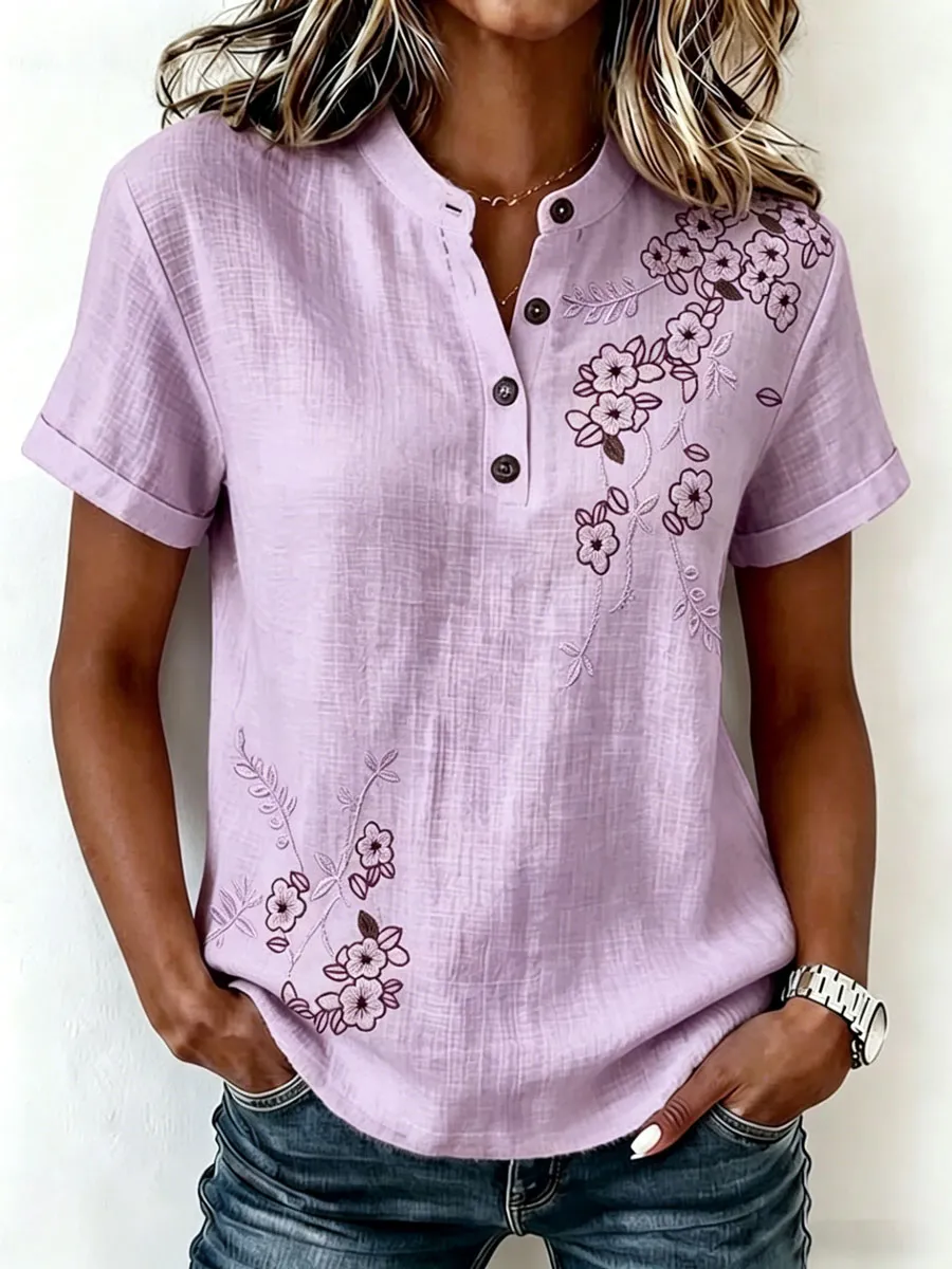Women'S Short-Sleeved Cotton And Linen Casual Top