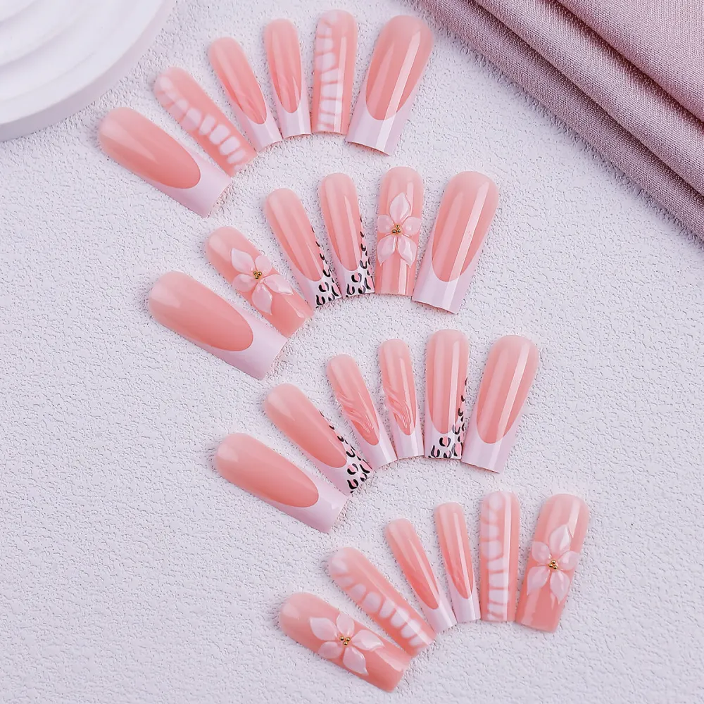 Nailhour 24Pcs 3D Resin Long Square Press On Nails