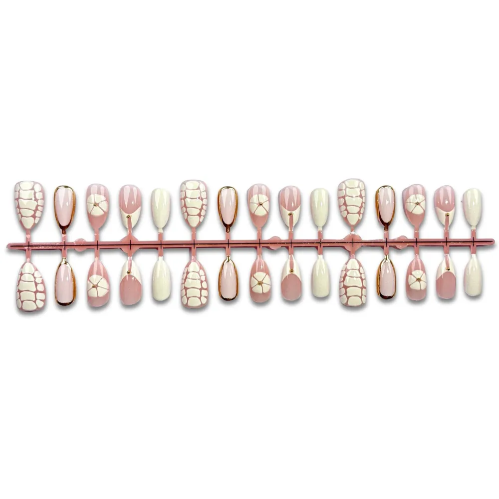 Nailhour 30Pcs Gilded 3D Medium Almond French Press On Nails
