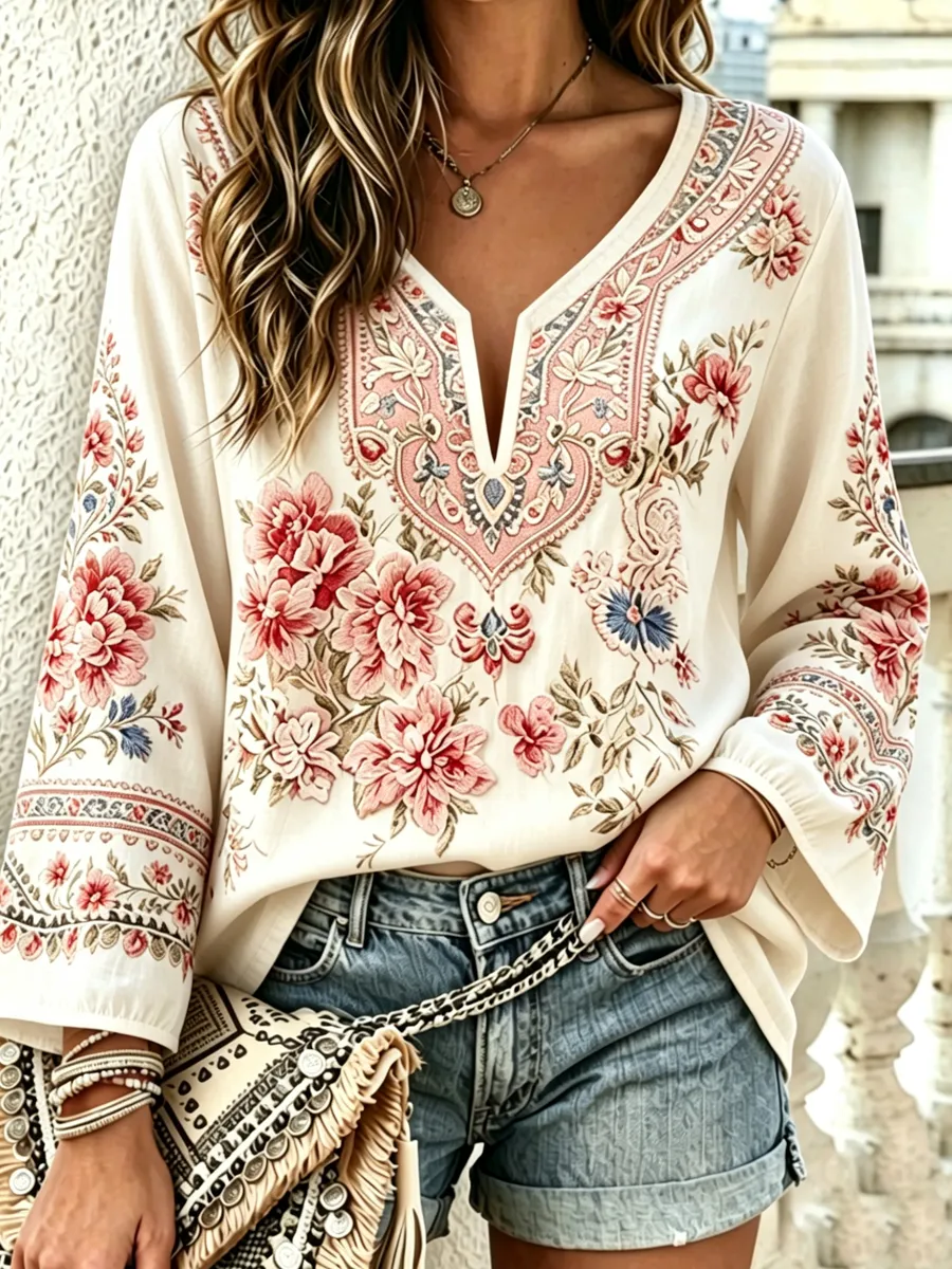 Women's Cotton Linen Vintage Botanical Floral Print T-Shirt