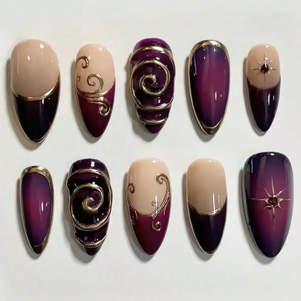 Nailhour 10Pcs 3D French Floral Y2K Medium Almond Press On Nails