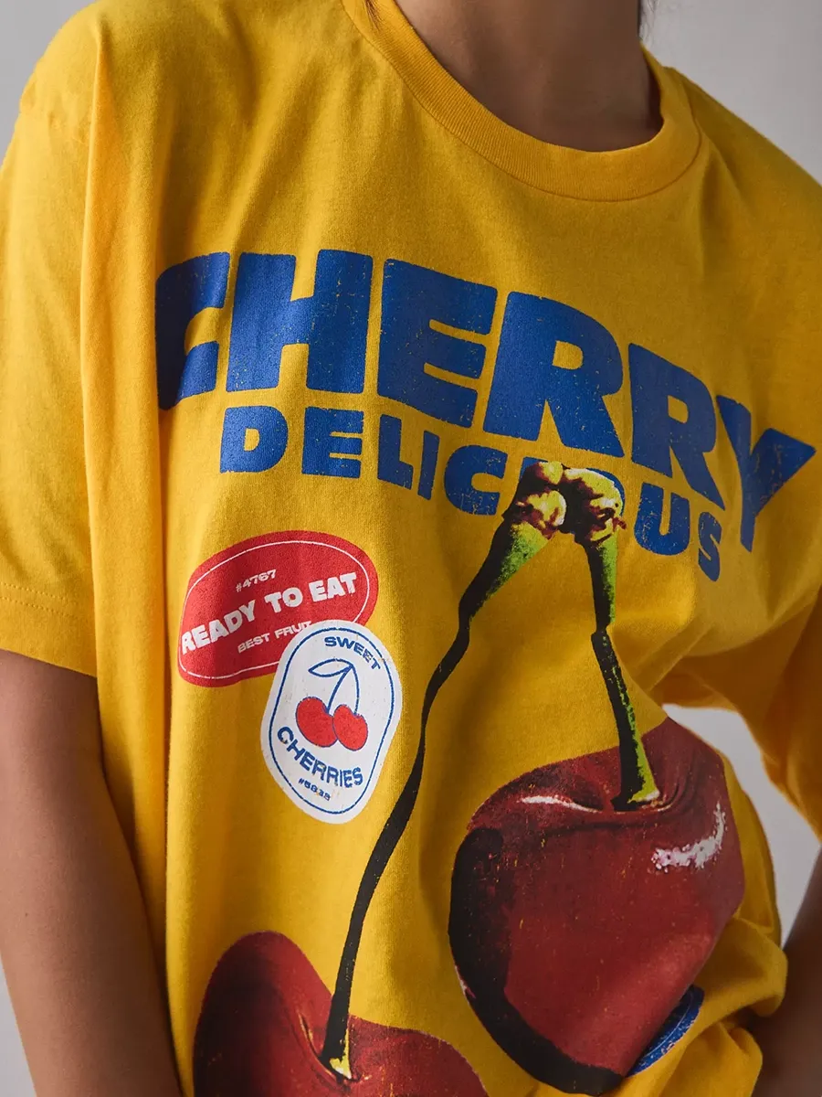 Yellow Cherry Print Loose T-Shirt