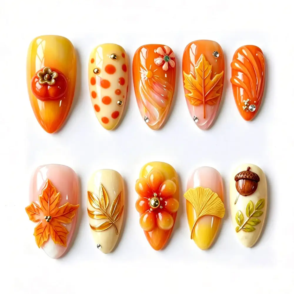 Nailhour 30Pcs Autumn Orange 3D Medium Almond Press On Nails