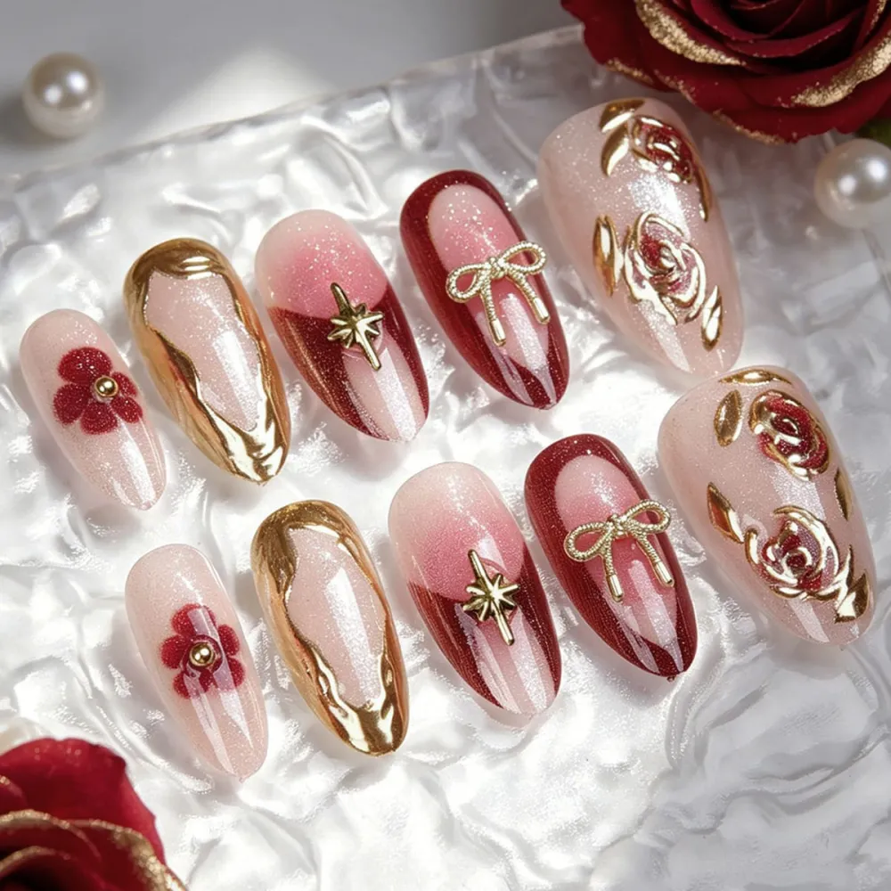 Nailhour 30Pcs Gilded Rose 3D Medium Almond Red Press On Nails