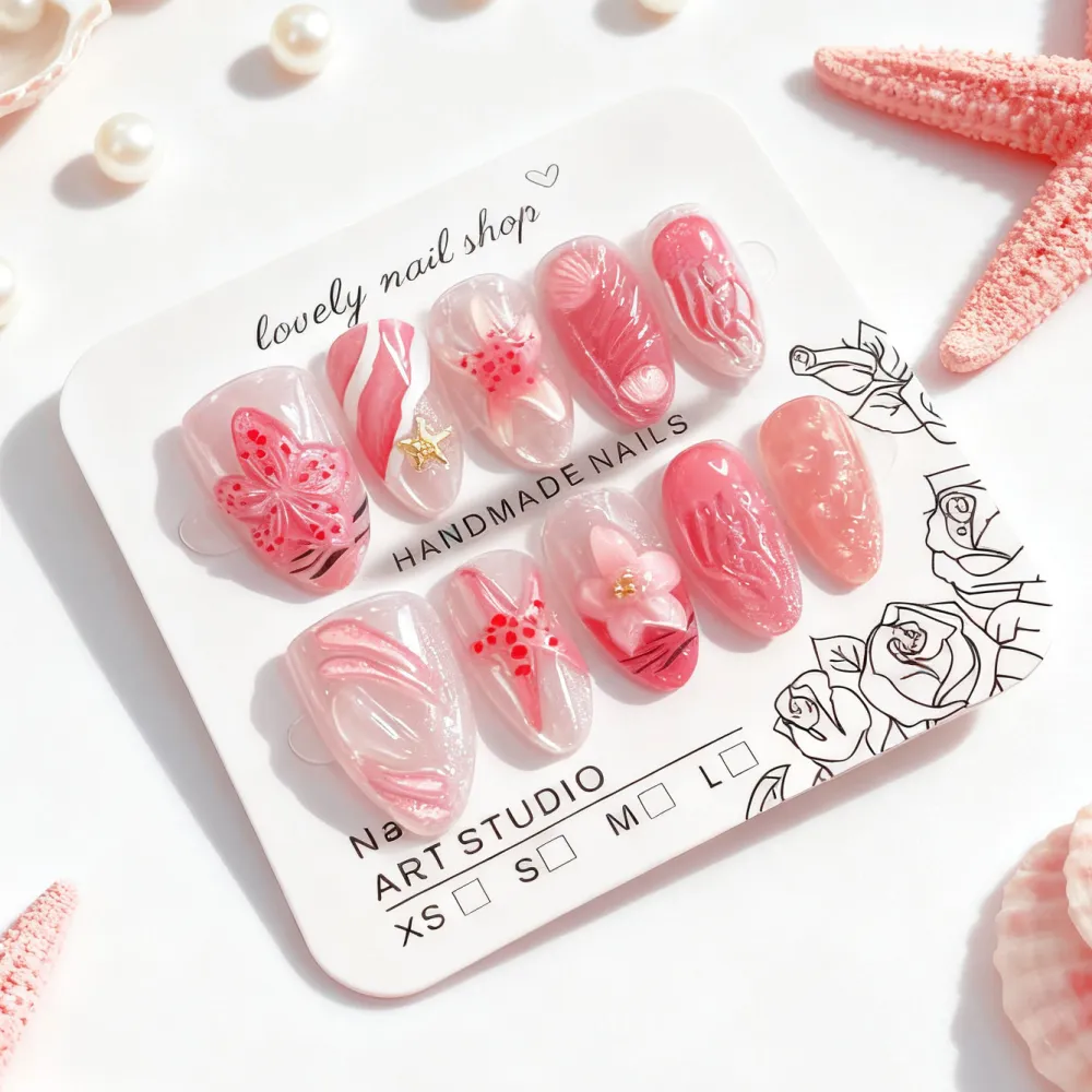 Nailhour 3D Pink Floral 30Pcs Jellyfish Press On Nails