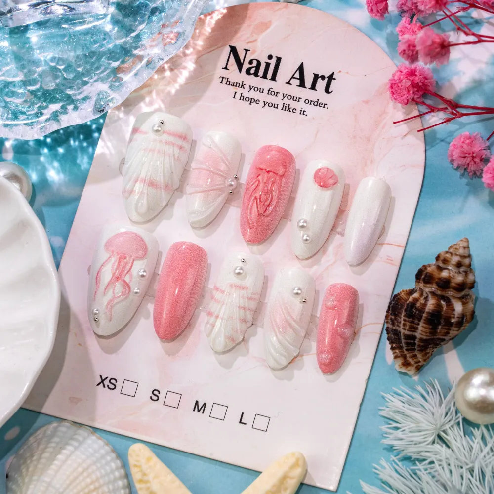 Nailhour 30Pcs Pink 3D Medium Almond French Sweet Press On Nails