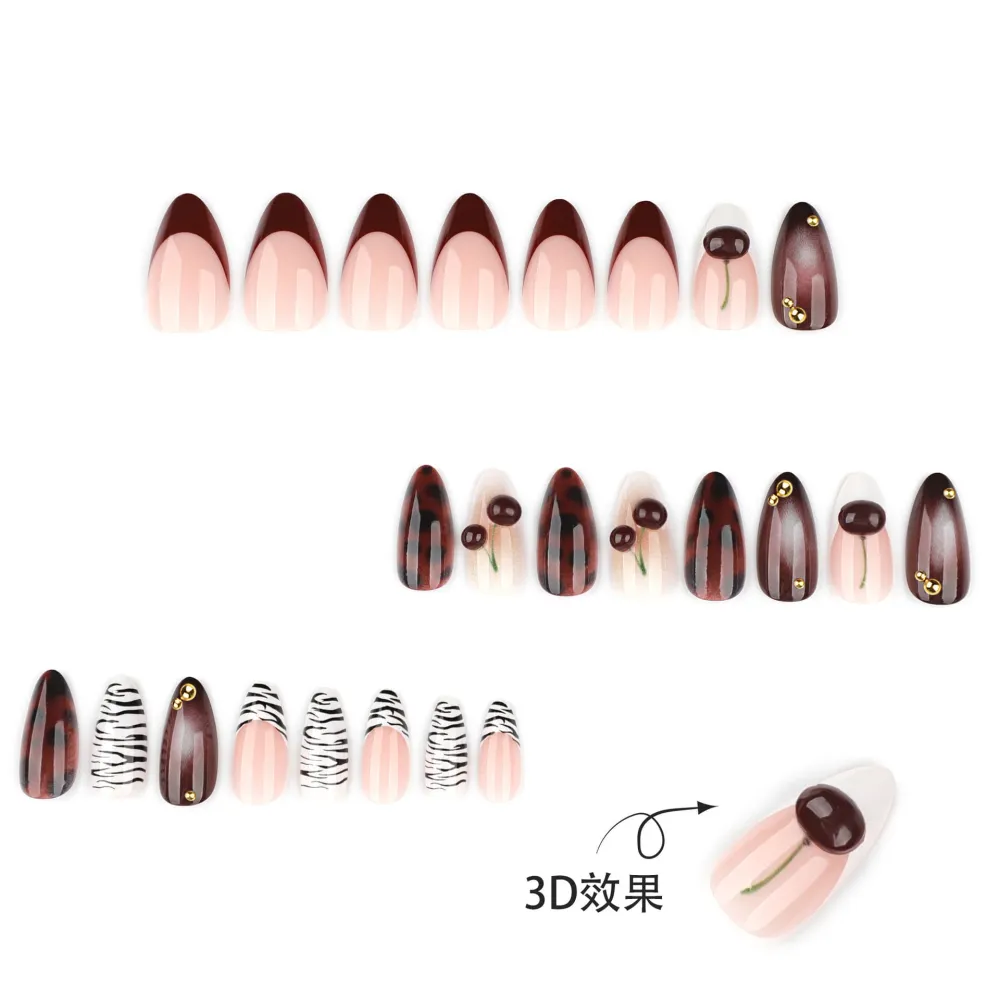 Nailhour 24Pcs Black And White Zebra Stripes 3D French Cherry Medium Almond Press On Nails