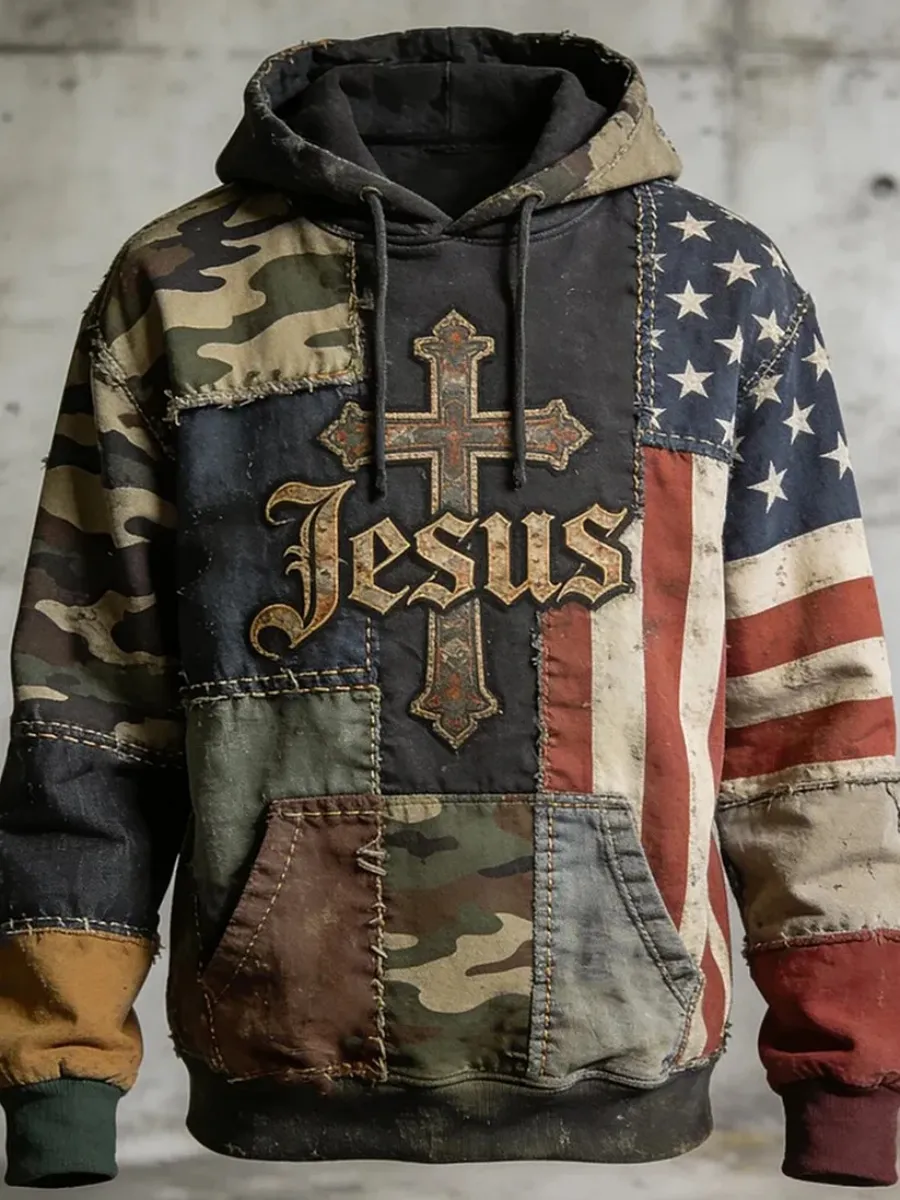 Men's Retro Faith Patchwork Print Hoodie