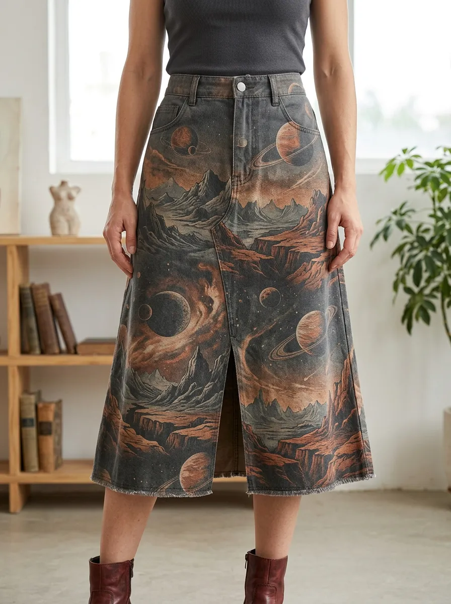 Women's Space Lover Planet Mountain Printed Denim Skirt