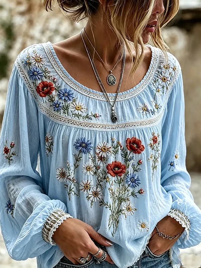 Women'S Floral Printed Casual Cotton And Linen Top