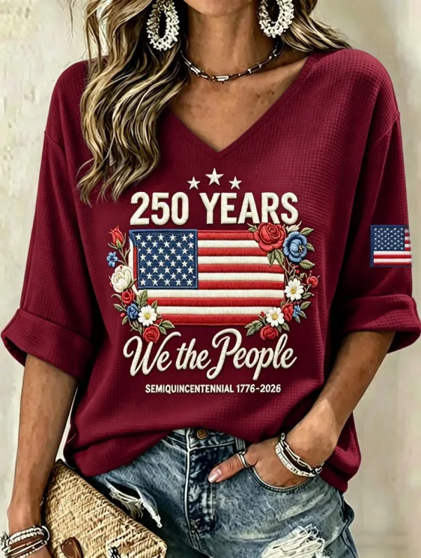 Women'S Retro Casual American Independence Day 250Th Anniversary Celebration Printed V-Neck Top
