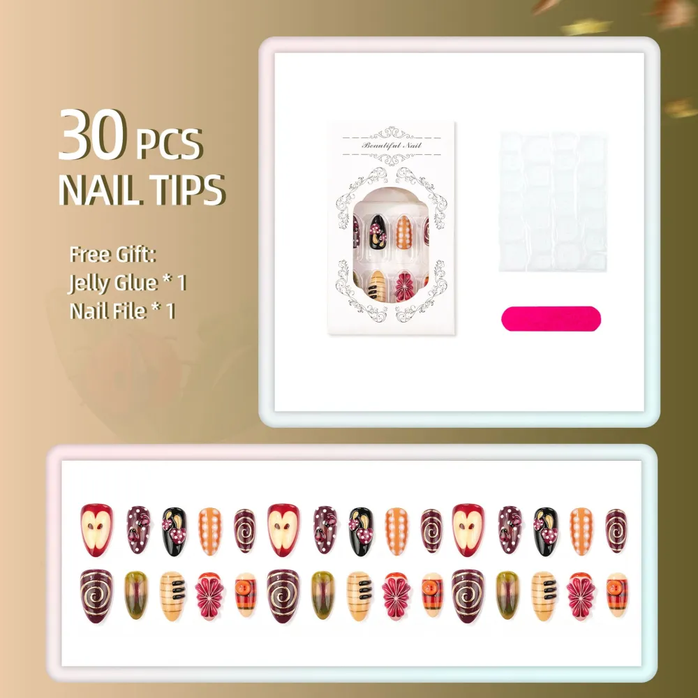 Nailhour 30Pcs 3D Short Almond French Floral Press On Nails