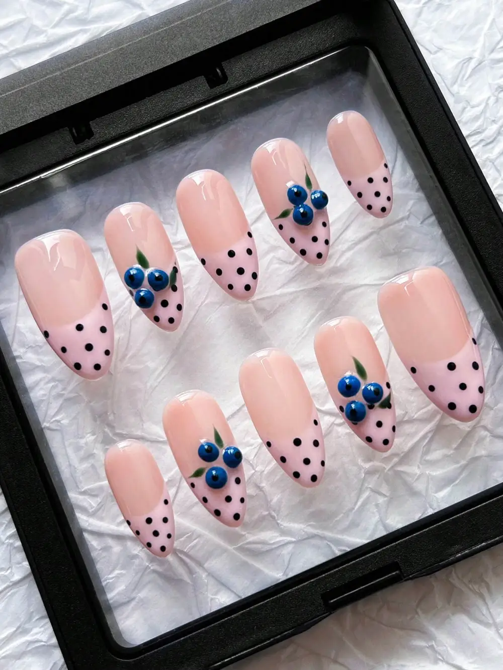 Nailhour 10Pcs Handmade Medium Almond French Brown Polka Dots Press On Nails