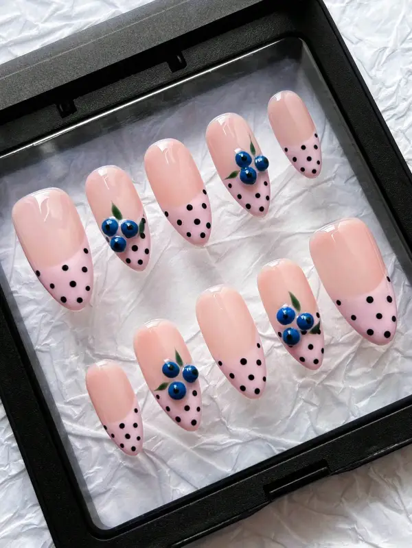 Nailhour 10Pcs Handmade Medium Almond French Brown Polka Dots Press On Nails