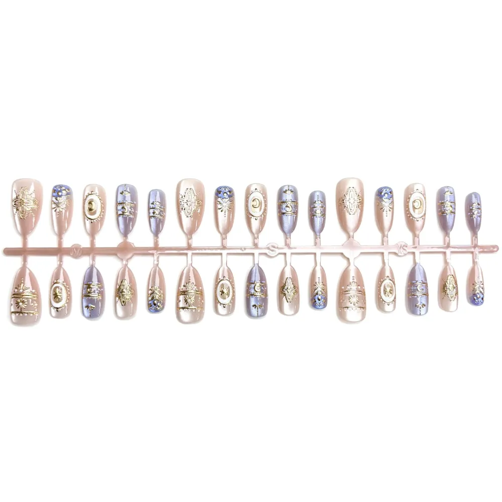 Nailhour 30Pcs Blue Rhinestone Medium Almond French Press On Nails
