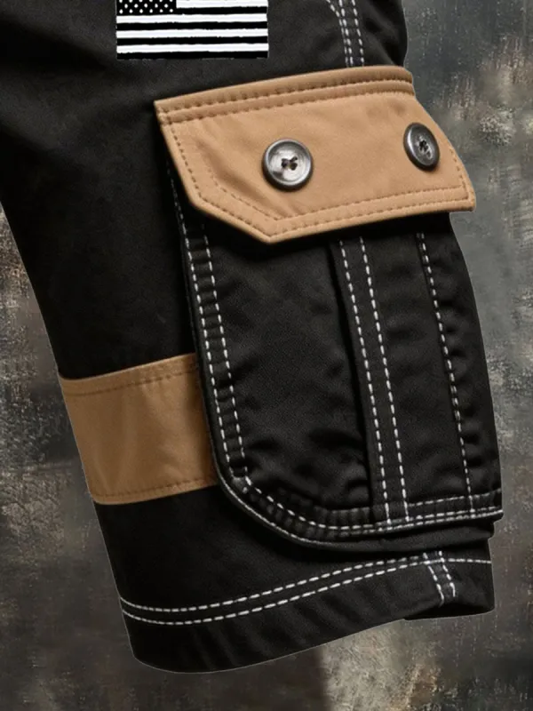 Men'S Retro Color-Block Distressed Patriotic Cargo Shorts With Pockets