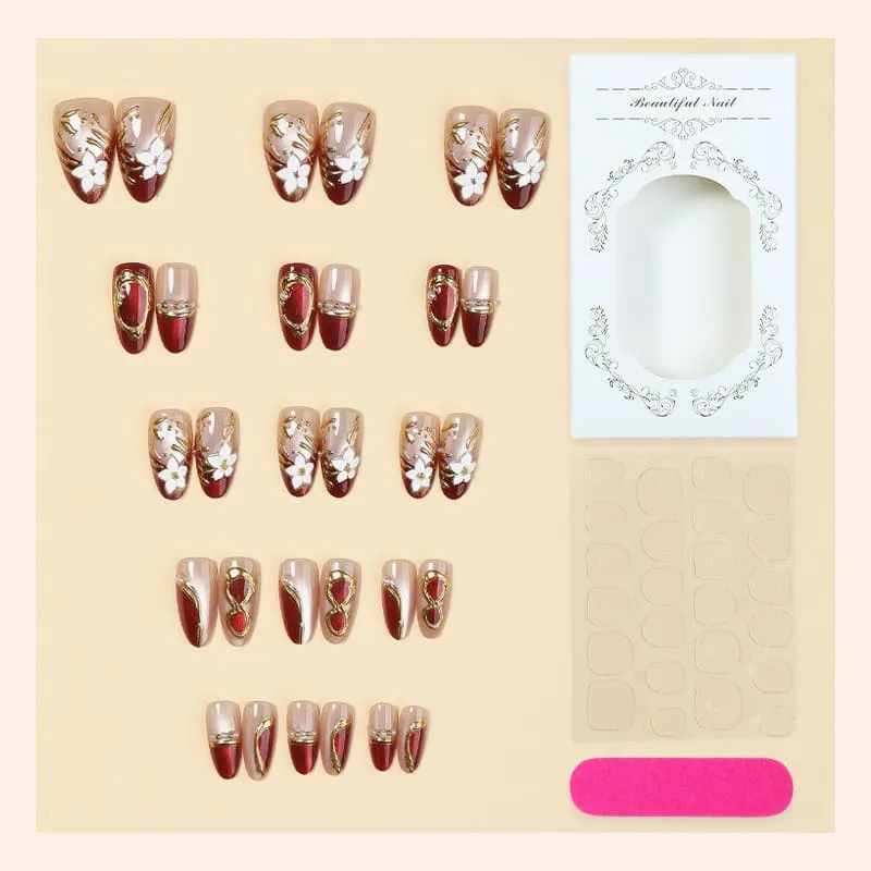 Nailhour 30Pcs Floral 3D Red Gilded Short Almond Press On Nails