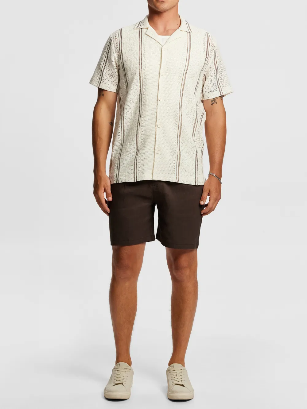 Natural Crochet Detail Short Sleeve Shirt