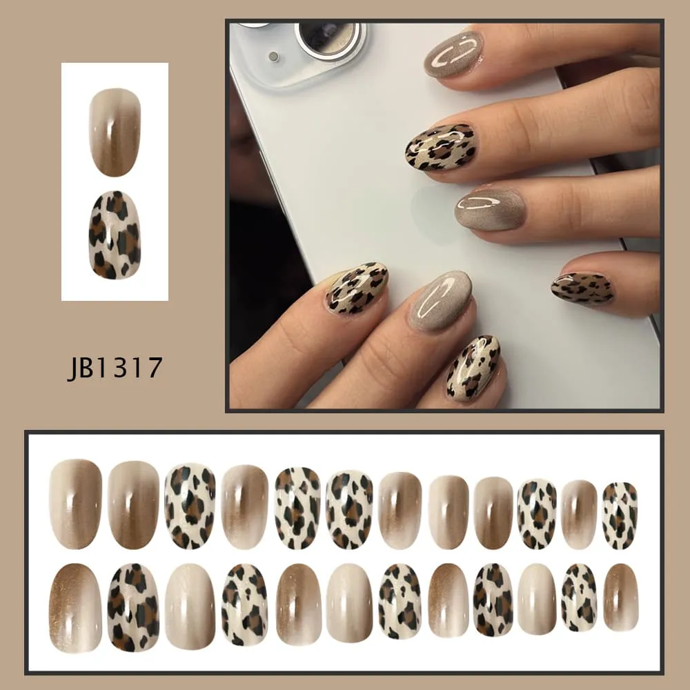 Nailhour 24Pcs Mailard Leopard Print Medium Oval French Press On Nails