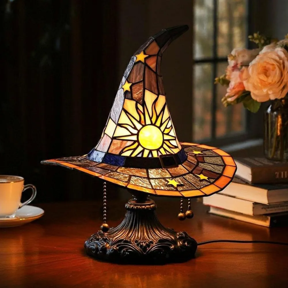 Halloween Witch Hat Lamps Resin Decorative USB Plug Light Ornament（11*8*18cm）
