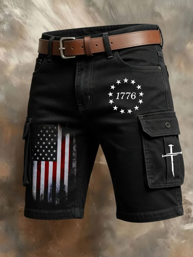 Men'S Retro American Flag Printed Multi Pocket Design Cargo Pants