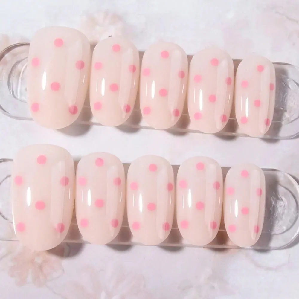 Nailhour 30Pcs Vintage Medium Oval Sweet Pink Polka Dot Press On Nails