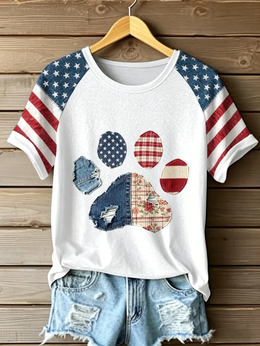 Women's Independence Day Paw Art Short Sleeve T-shirt